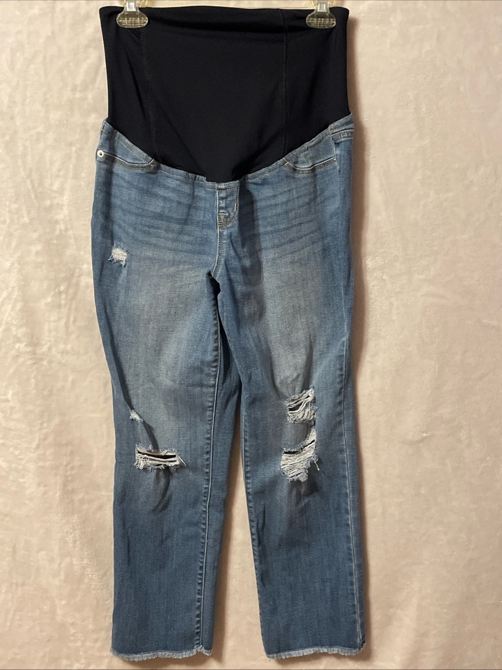Ingrid & Isabel Light Blue Distressed Maternity crop Jeans with Black Panel